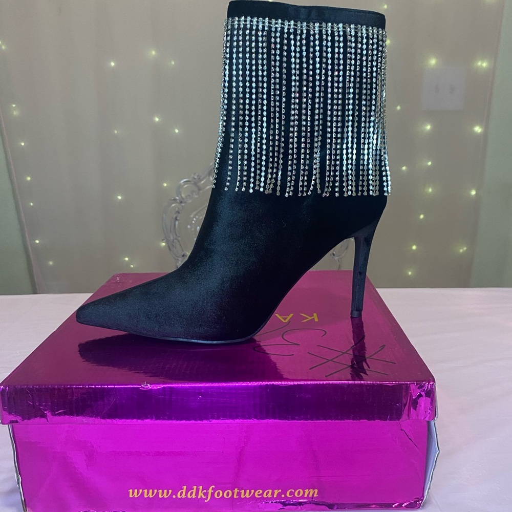 Elegant Black Stiletto Ankle Boots with Rhinestone Fringe